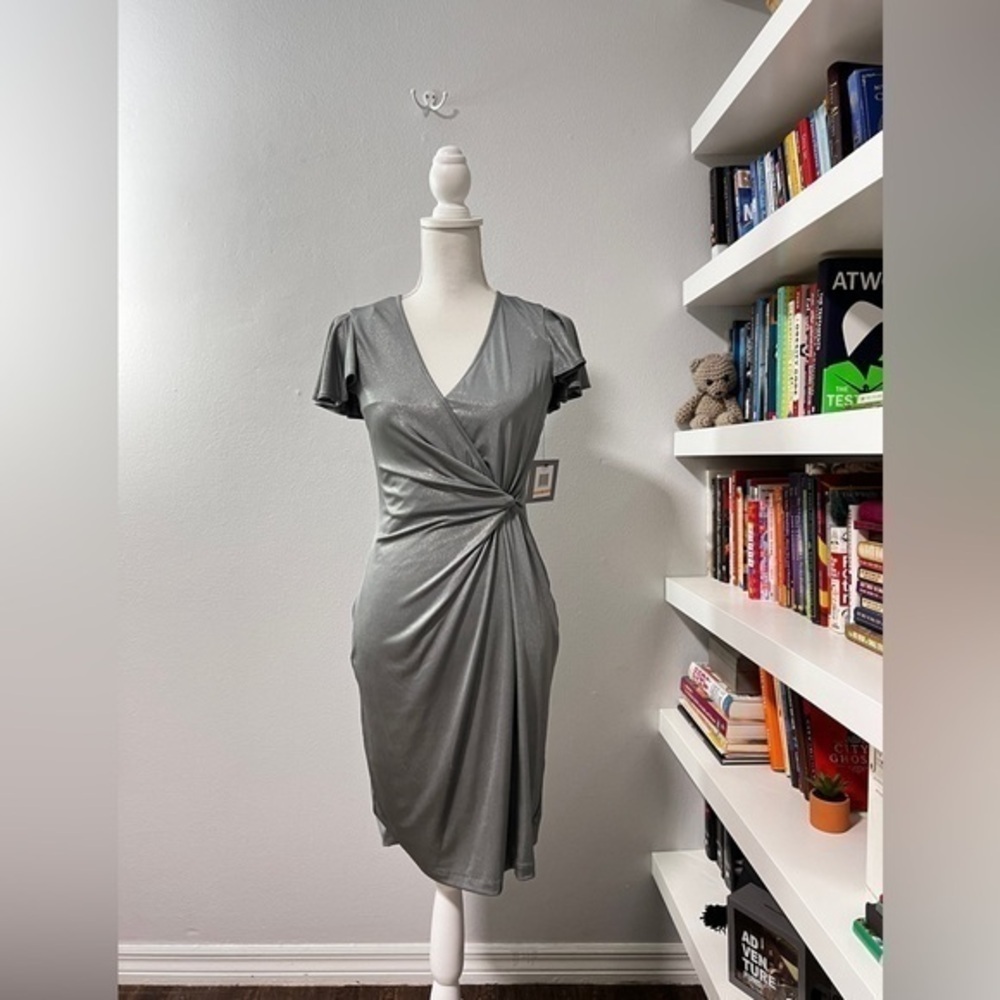 Marc New York Andrew Marc Silver Faux Wrap Dress Size 2 NWT